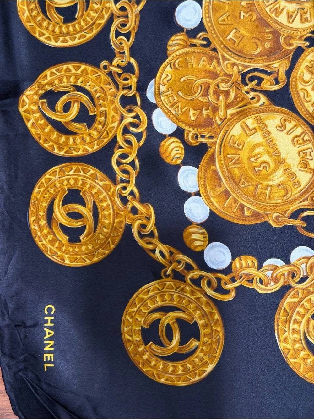 Chanel Navy & Gold Coin Print Silk Scarf
